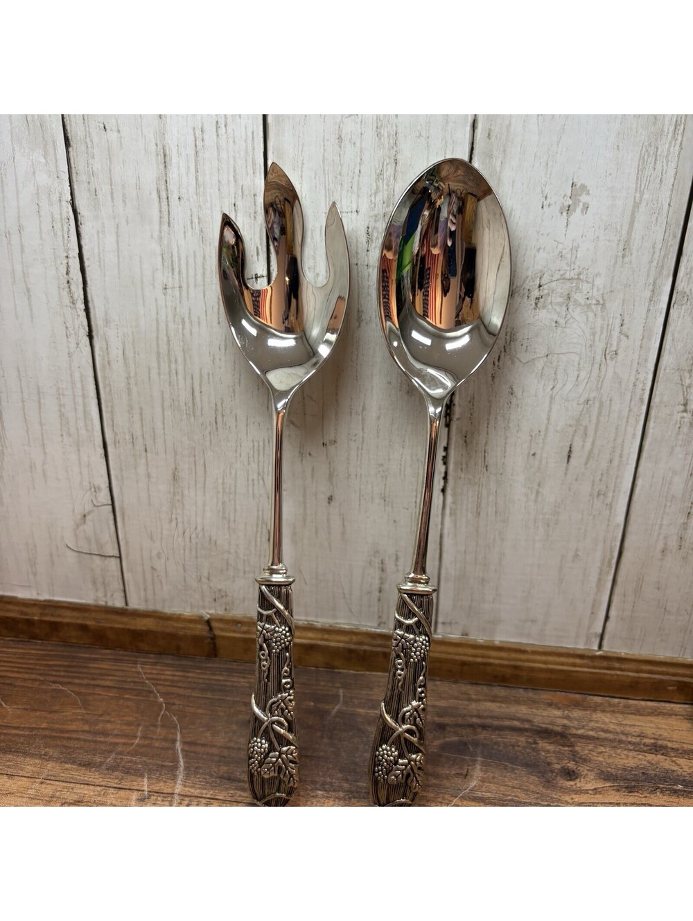 Vintage Silverplate Salad Serving Fork and Spoon Set Grapevine 11"